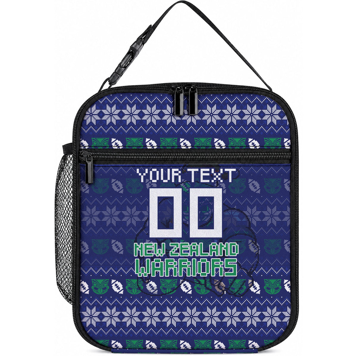 Personalized New Zealand Warriors Christmas Lunch Bag Maori Rugby Fans - Pixelated Ugly Xmas Pattern Mascot Santa