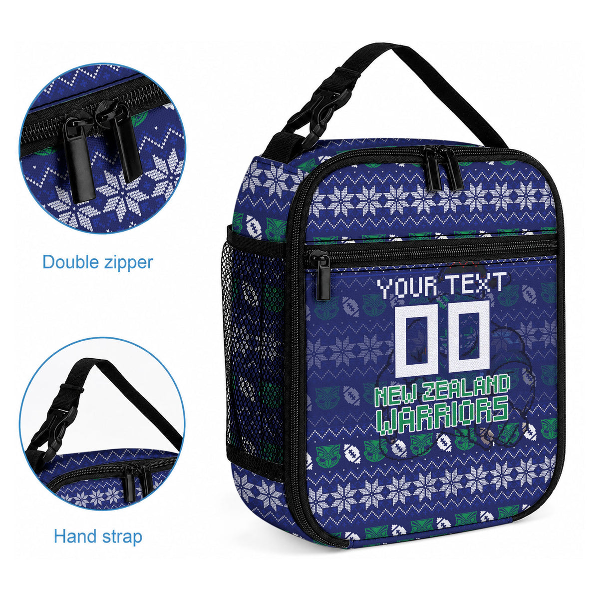 Personalized New Zealand Warriors Christmas Lunch Bag Maori Rugby Fans - Pixelated Ugly Xmas Pattern Mascot Santa