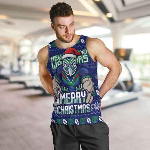 Personalized New Zealand Warriors Christmas Men Tank Top Maori Rugby Fans - Pixelated Ugly Xmas Pattern Mascot Santa
