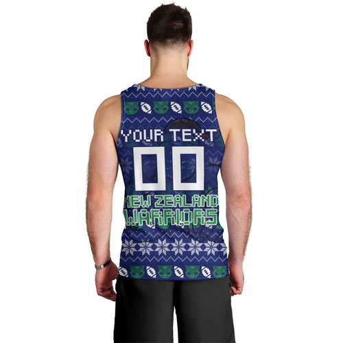 Personalized New Zealand Warriors Christmas Men Tank Top Maori Rugby Fans - Pixelated Ugly Xmas Pattern Mascot Santa