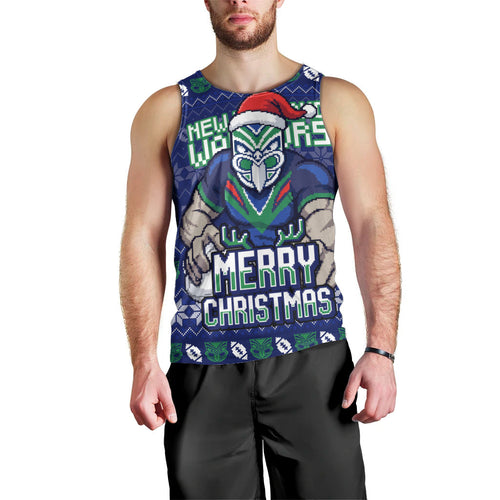 Personalized New Zealand Warriors Christmas Men Tank Top Maori Rugby Fans - Pixelated Ugly Xmas Pattern Mascot Santa