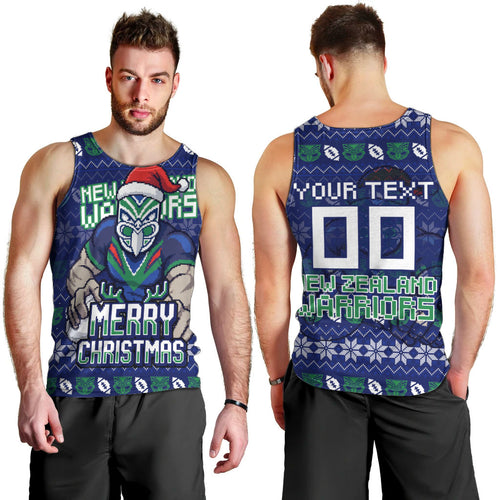 Personalized New Zealand Warriors Christmas Men Tank Top Maori Rugby Fans - Pixelated Ugly Xmas Pattern Mascot Santa