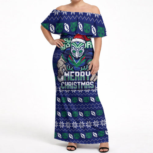 Personalized New Zealand Warriors Christmas Off Shoulder Maxi Dress Maori Rugby Fans - Pixelated Ugly Xmas Pattern Mascot Santa