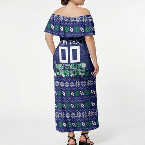 Personalized New Zealand Warriors Christmas Off Shoulder Maxi Dress Maori Rugby Fans - Pixelated Ugly Xmas Pattern Mascot Santa