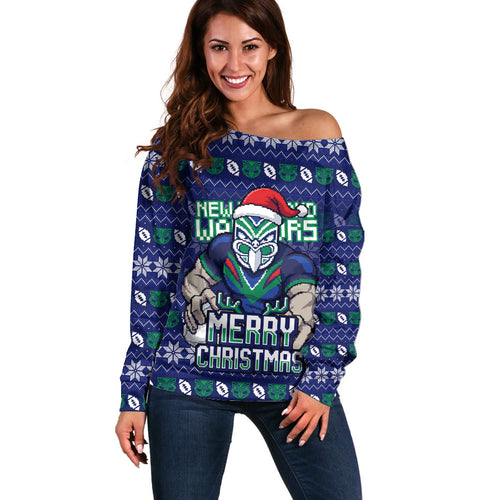 Personalized New Zealand Warriors Christmas Off Shoulder Sweater Maori Rugby Fans - Pixelated Ugly Xmas Pattern Mascot Santa