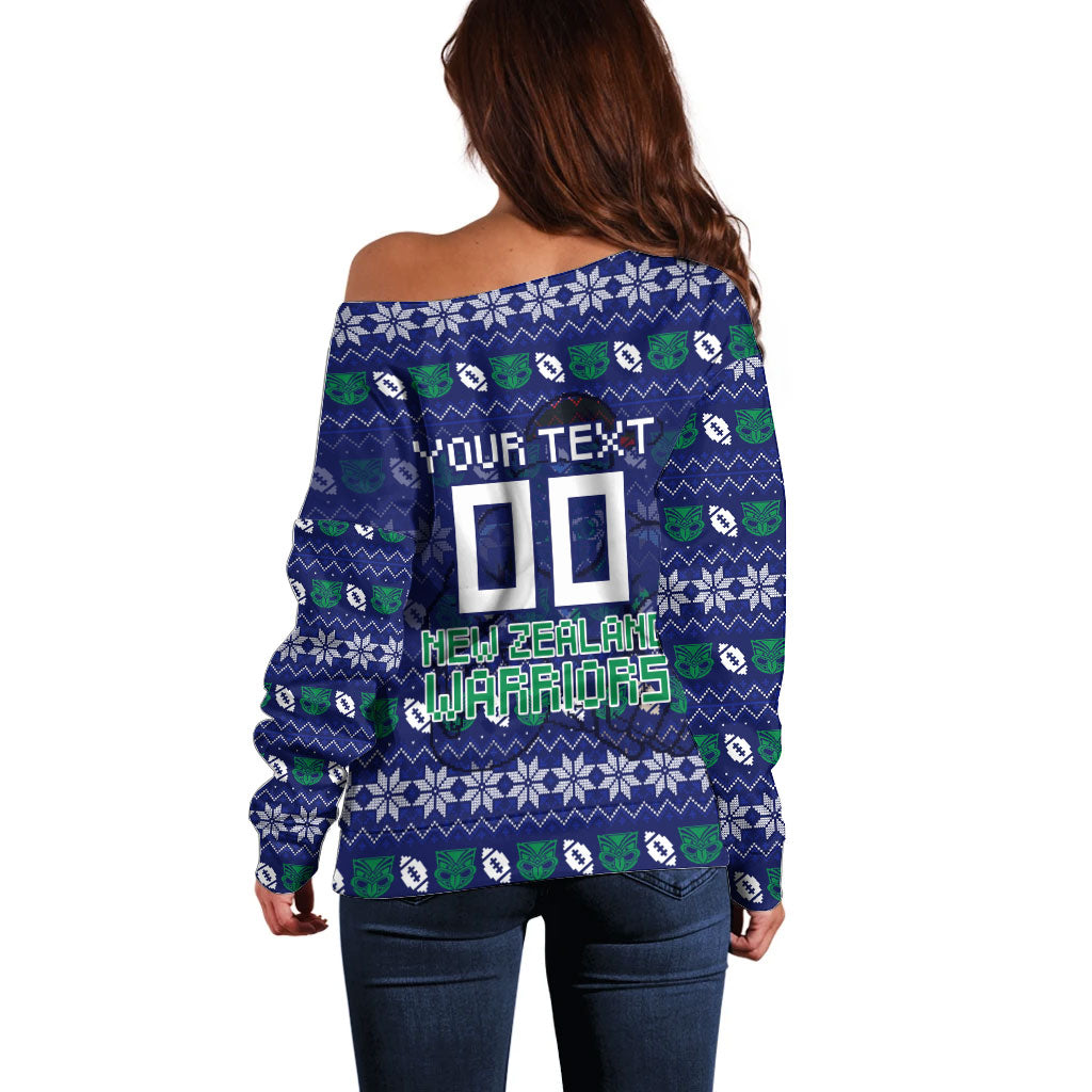 Personalized New Zealand Warriors Christmas Off Shoulder Sweater Maori Rugby Fans - Pixelated Ugly Xmas Pattern Mascot Santa