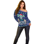 Personalized New Zealand Warriors Christmas Off Shoulder Sweater Maori Rugby Fans - Pixelated Ugly Xmas Pattern Mascot Santa