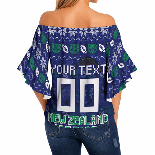 Personalized New Zealand Warriors Christmas Off Shoulder Wrap Waist Top Maori Rugby Fans - Pixelated Ugly Xmas Pattern Mascot Santa