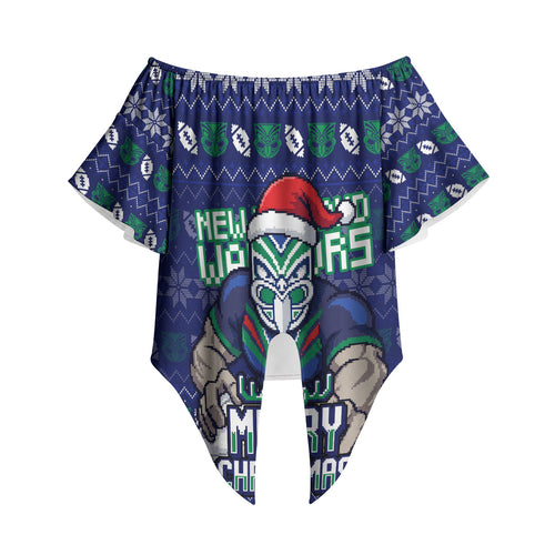 Personalized New Zealand Warriors Christmas Off Shoulder Wrap Waist Top Maori Rugby Fans - Pixelated Ugly Xmas Pattern Mascot Santa