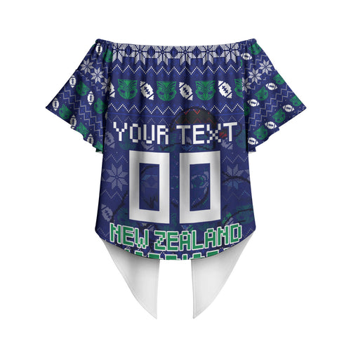 Personalized New Zealand Warriors Christmas Off Shoulder Wrap Waist Top Maori Rugby Fans - Pixelated Ugly Xmas Pattern Mascot Santa