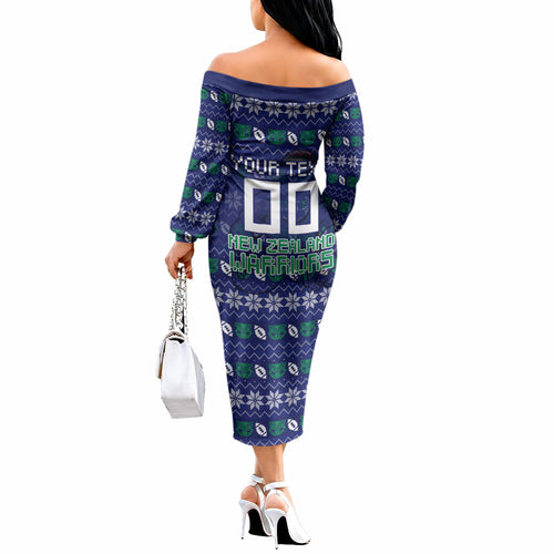 Personalized New Zealand Warriors Christmas Off The Shoulder Long Sleeve Dress Maori Rugby Fans - Pixelated Ugly Xmas Pattern Mascot Santa