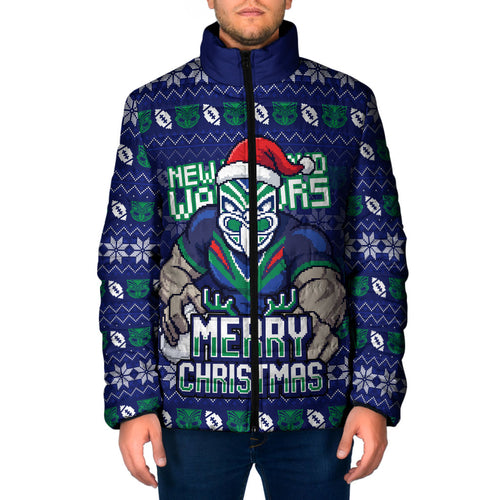 Personalized New Zealand Warriors Christmas Padded Jacket Maori Rugby Fans - Pixelated Ugly Xmas Pattern Mascot Santa