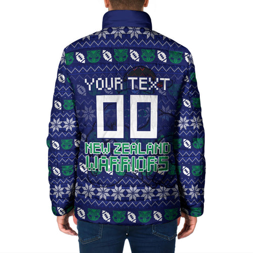 Personalized New Zealand Warriors Christmas Padded Jacket Maori Rugby Fans - Pixelated Ugly Xmas Pattern Mascot Santa