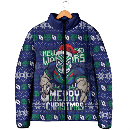 Personalized New Zealand Warriors Christmas Padded Jacket Maori Rugby Fans - Pixelated Ugly Xmas Pattern Mascot Santa