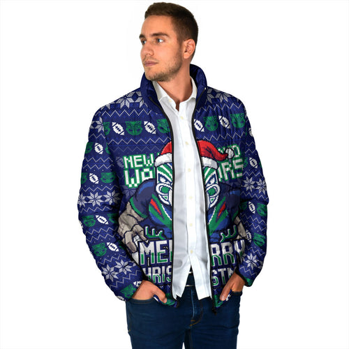 Personalized New Zealand Warriors Christmas Padded Jacket Maori Rugby Fans - Pixelated Ugly Xmas Pattern Mascot Santa