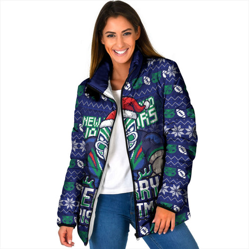 Personalized New Zealand Warriors Christmas Padded Jacket Maori Rugby Fans - Pixelated Ugly Xmas Pattern Mascot Santa