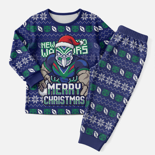 Personalized New Zealand Warriors Christmas Pajama Set Maori Rugby Fans - Pixelated Ugly Xmas Pattern Mascot Santa