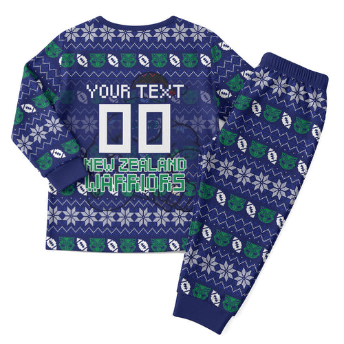 Personalized New Zealand Warriors Christmas Pajama Set Maori Rugby Fans - Pixelated Ugly Xmas Pattern Mascot Santa