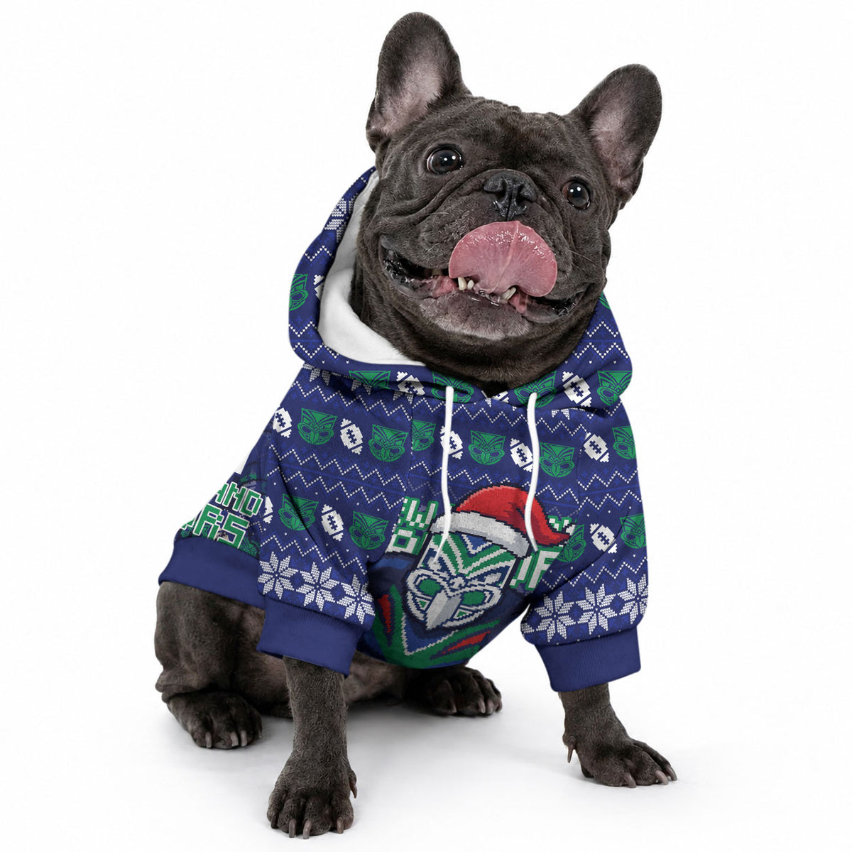 Personalized New Zealand Warriors Christmas Pet Hoodie Maori Rugby Fans - Pixelated Ugly Xmas Pattern Mascot Santa