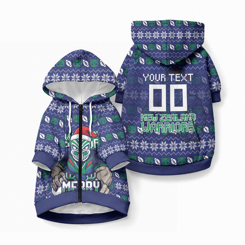 Personalized New Zealand Warriors Christmas Pet Hoodie Maori Rugby Fans - Pixelated Ugly Xmas Pattern Mascot Santa