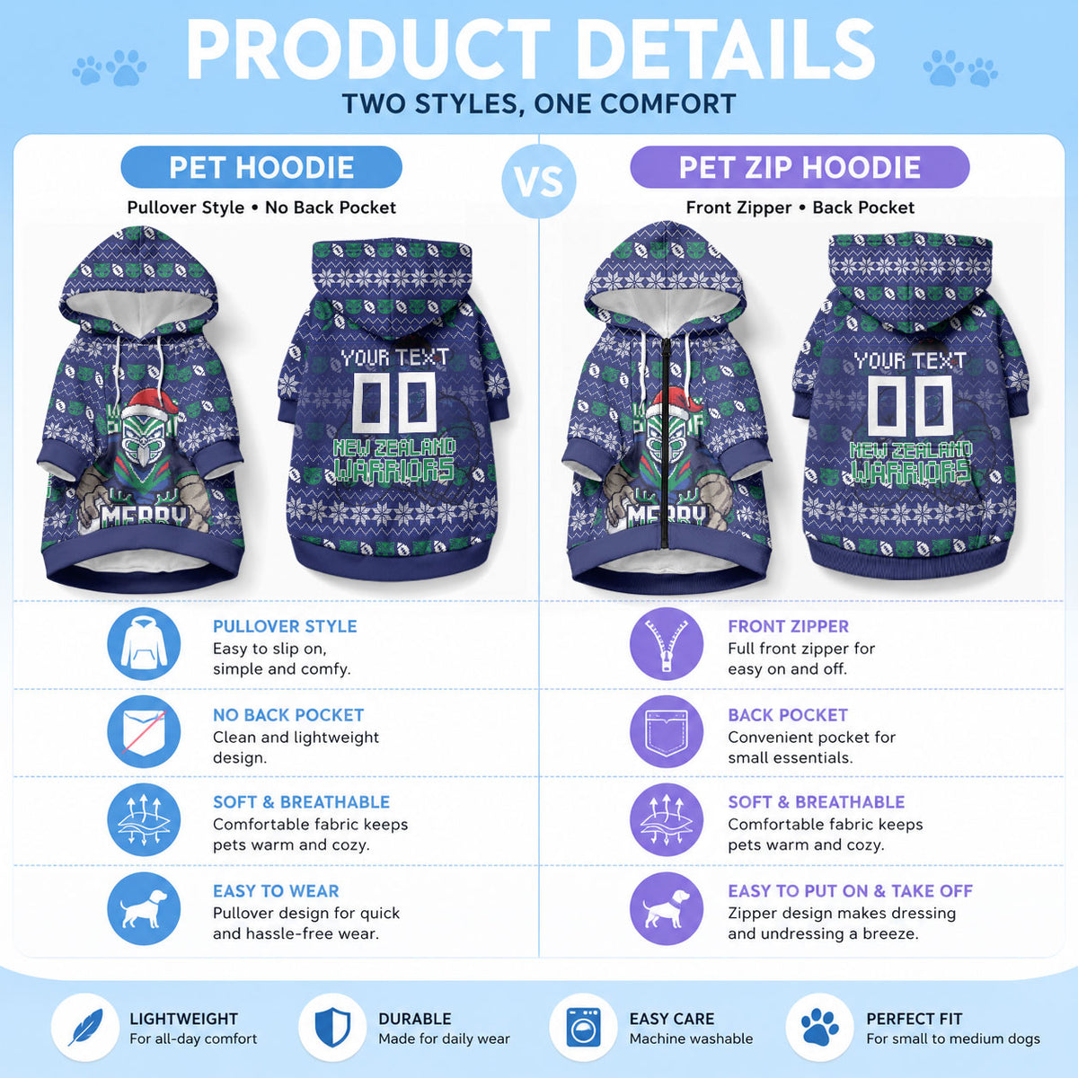 Personalized New Zealand Warriors Christmas Pet Hoodie Maori Rugby Fans - Pixelated Ugly Xmas Pattern Mascot Santa