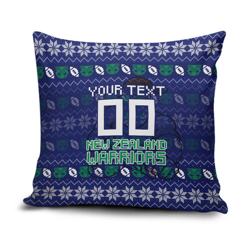 Personalized New Zealand Warriors Christmas Pillow Cover Maori Rugby Fans - Pixelated Ugly Xmas Pattern Mascot Santa