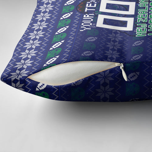 Personalized New Zealand Warriors Christmas Pillow Cover Maori Rugby Fans - Pixelated Ugly Xmas Pattern Mascot Santa