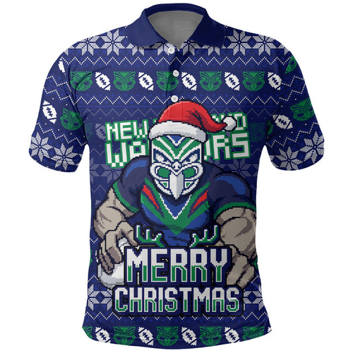 Personalized New Zealand Warriors Christmas Polo Shirt Maori Rugby Fans - Pixelated Ugly Xmas Pattern Mascot Santa
