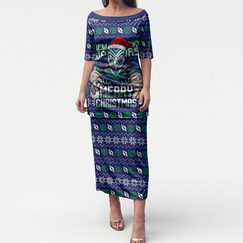 Personalized New Zealand Warriors Christmas Puletasi Maori Rugby Fans - Pixelated Ugly Xmas Pattern Mascot Santa