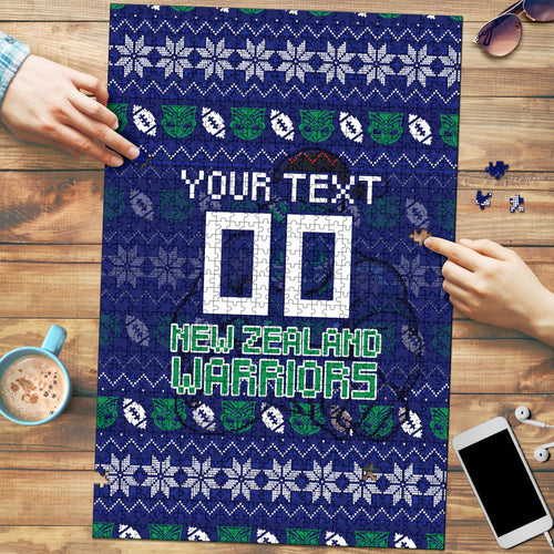 Personalized New Zealand Warriors Christmas Puzzle Maori Rugby Fans - Pixelated Ugly Xmas Pattern Mascot Santa
