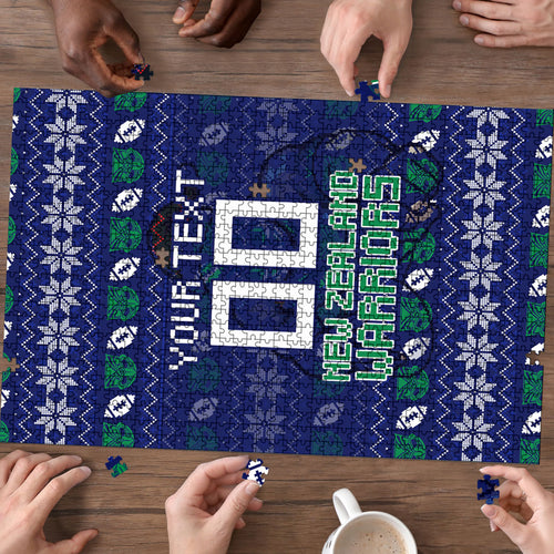 Personalized New Zealand Warriors Christmas Puzzle Maori Rugby Fans - Pixelated Ugly Xmas Pattern Mascot Santa
