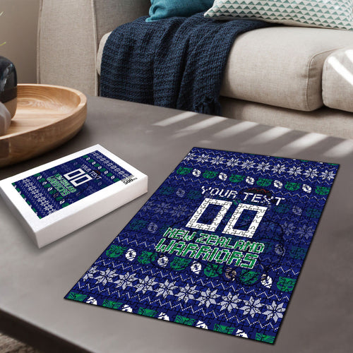 Personalized New Zealand Warriors Christmas Puzzle Maori Rugby Fans - Pixelated Ugly Xmas Pattern Mascot Santa