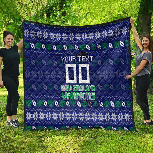 Personalized New Zealand Warriors Christmas Quilt Maori Rugby Fans - Pixelated Ugly Xmas Pattern Mascot Santa