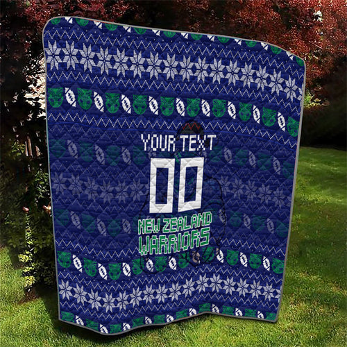 Personalized New Zealand Warriors Christmas Quilt Maori Rugby Fans - Pixelated Ugly Xmas Pattern Mascot Santa