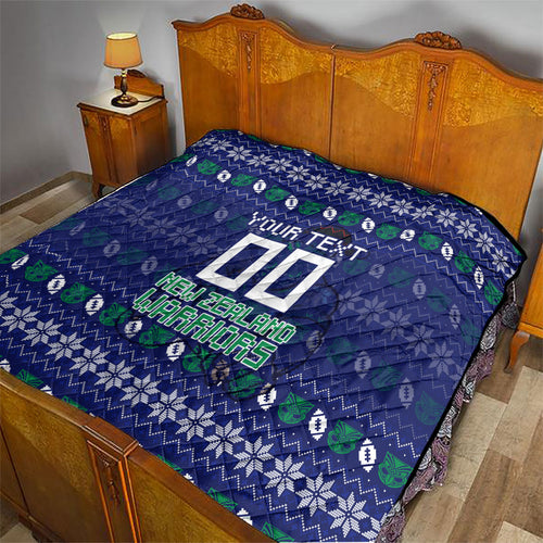 Personalized New Zealand Warriors Christmas Quilt Maori Rugby Fans - Pixelated Ugly Xmas Pattern Mascot Santa