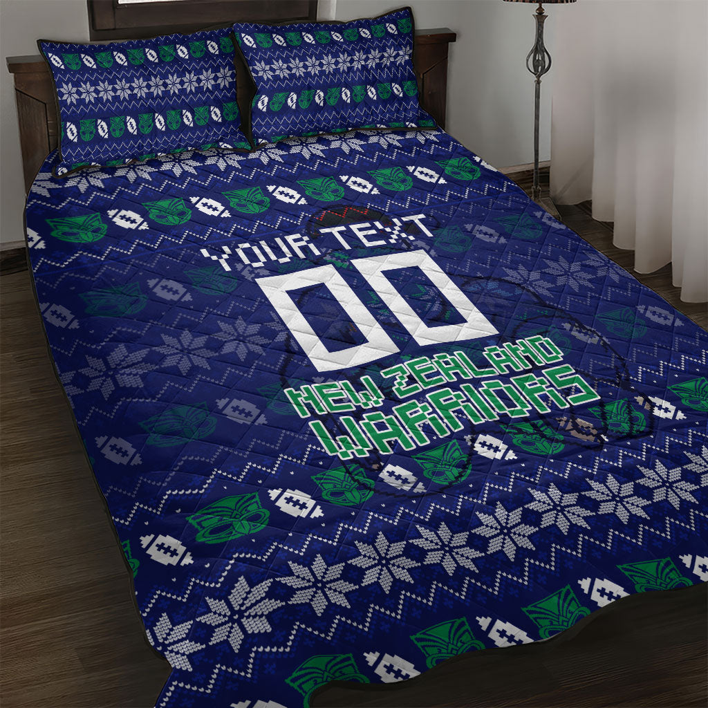 Personalized New Zealand Warriors Christmas Quilt Bed Set Maori Rugby Fans - Pixelated Ugly Xmas Pattern Mascot Santa