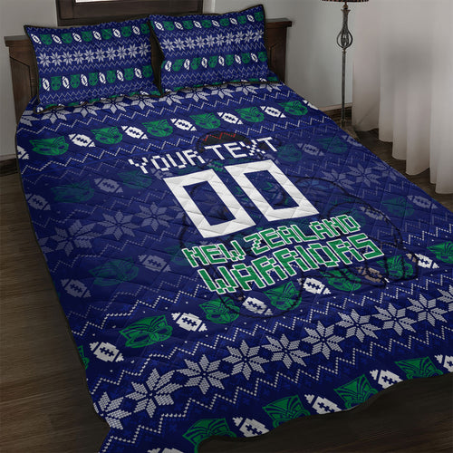 Personalized New Zealand Warriors Christmas Quilt Bed Set Maori Rugby Fans - Pixelated Ugly Xmas Pattern Mascot Santa