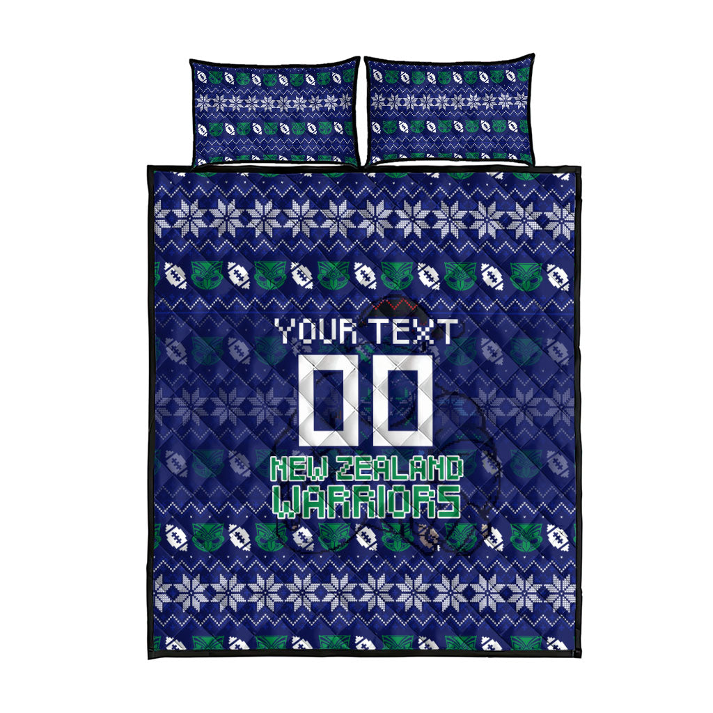 Personalized New Zealand Warriors Christmas Quilt Bed Set Maori Rugby Fans - Pixelated Ugly Xmas Pattern Mascot Santa