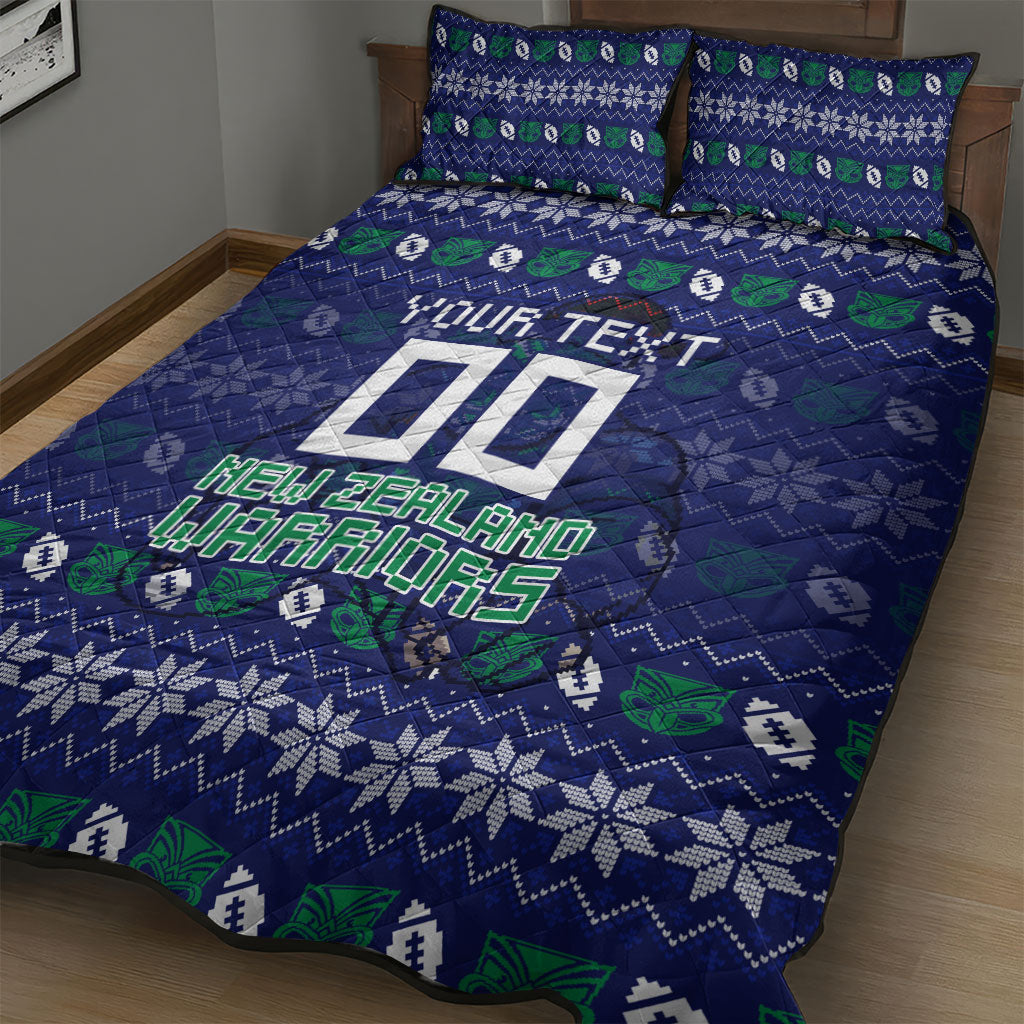 Personalized New Zealand Warriors Christmas Quilt Bed Set Maori Rugby Fans - Pixelated Ugly Xmas Pattern Mascot Santa