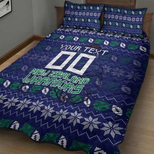 Personalized New Zealand Warriors Christmas Quilt Bed Set Maori Rugby Fans - Pixelated Ugly Xmas Pattern Mascot Santa
