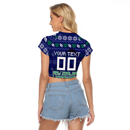 Personalized New Zealand Warriors Christmas Raglan Cropped T Shirt Maori Rugby Fans - Pixelated Ugly Xmas Pattern Mascot Santa