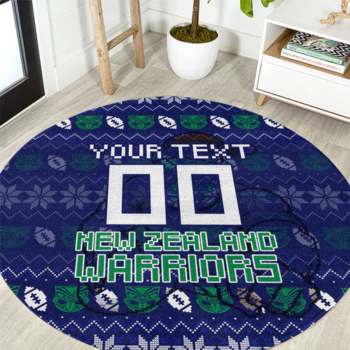 Personalized New Zealand Warriors Christmas Round Carpet Maori Rugby Fans - Pixelated Ugly Xmas Pattern Mascot Santa