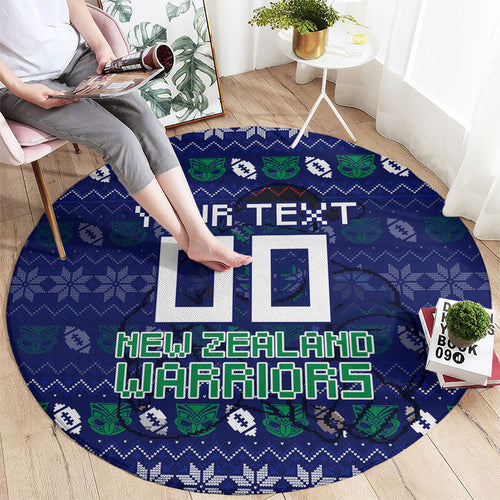 Personalized New Zealand Warriors Christmas Round Carpet Maori Rugby Fans - Pixelated Ugly Xmas Pattern Mascot Santa