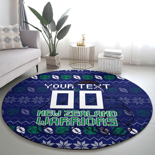 Personalized New Zealand Warriors Christmas Round Carpet Maori Rugby Fans - Pixelated Ugly Xmas Pattern Mascot Santa
