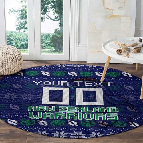 Personalized New Zealand Warriors Christmas Round Carpet Maori Rugby Fans - Pixelated Ugly Xmas Pattern Mascot Santa