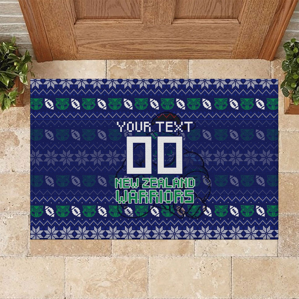 Personalized New Zealand Warriors Christmas Rubber Doormat Maori Rugby Fans - Pixelated Ugly Xmas Pattern Mascot Santa