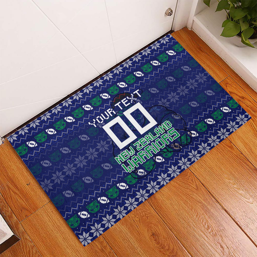 Personalized New Zealand Warriors Christmas Rubber Doormat Maori Rugby Fans - Pixelated Ugly Xmas Pattern Mascot Santa