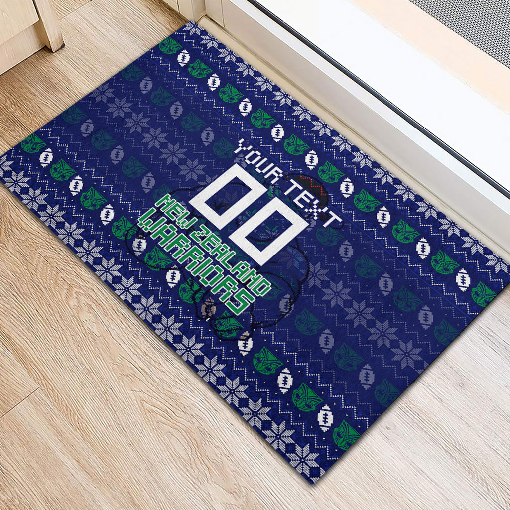 Personalized New Zealand Warriors Christmas Rubber Doormat Maori Rugby Fans - Pixelated Ugly Xmas Pattern Mascot Santa
