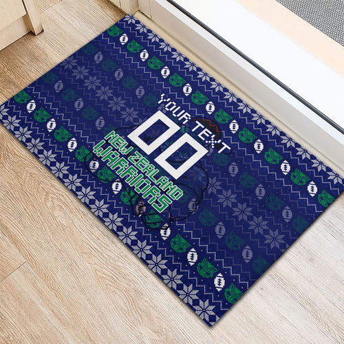 Personalized New Zealand Warriors Christmas Rubber Doormat Maori Rugby Fans - Pixelated Ugly Xmas Pattern Mascot Santa
