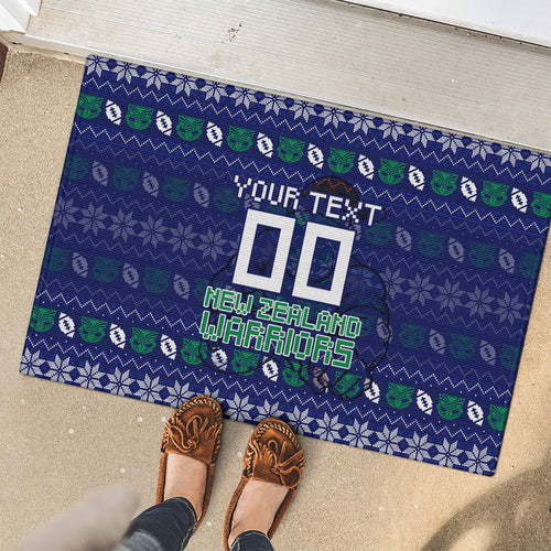 Personalized New Zealand Warriors Christmas Rubber Doormat Maori Rugby Fans - Pixelated Ugly Xmas Pattern Mascot Santa
